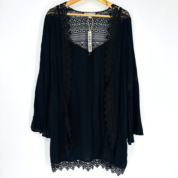Moral Fiber Sweaters - 🔥SOLD🔥Moral Fiber Black Lace Scalloped Hem Open Front Flare Sleeve Cardigan  L